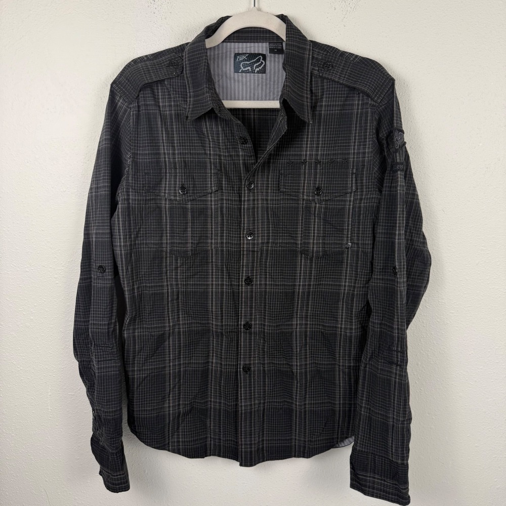 Fox Racing Mens Grey Plaid Button Down‎ Shirt Long Sleeve Epaulettes Size Medium